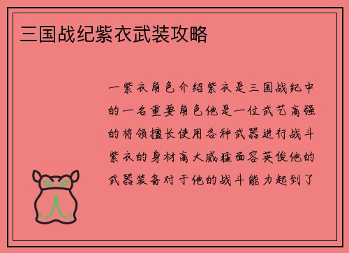 三国战纪紫衣武装攻略