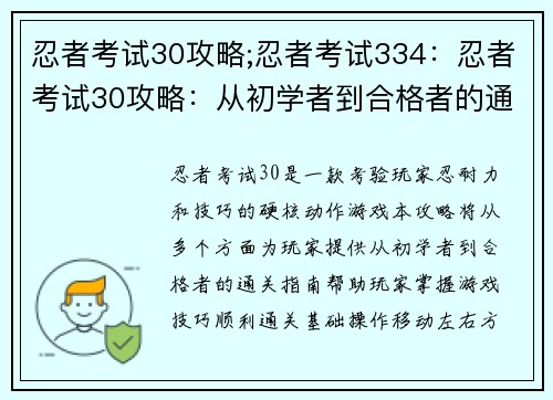 忍者考试30攻略;忍者考试334：忍者考试30攻略：从初学者到合格者的通关指南