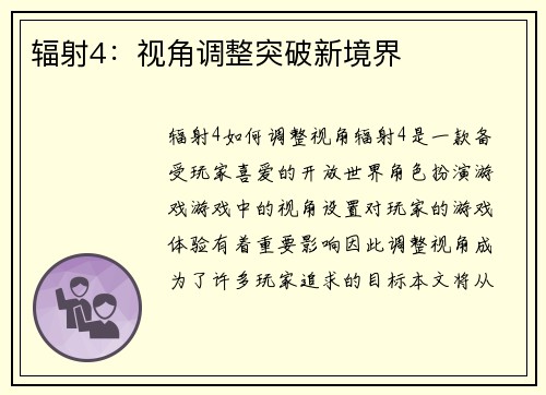 辐射4：视角调整突破新境界